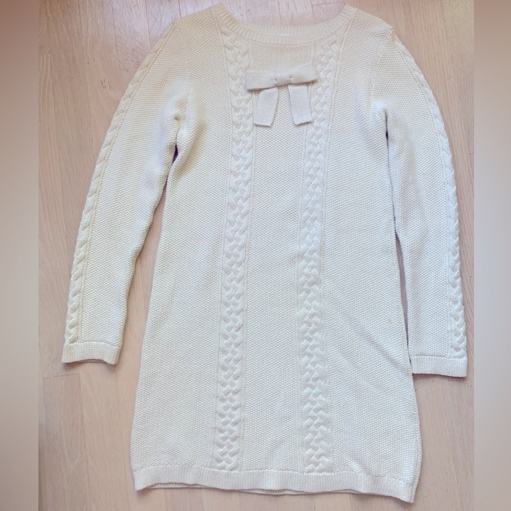 Elegant French White Cream Knit Sweater Dress with Bow